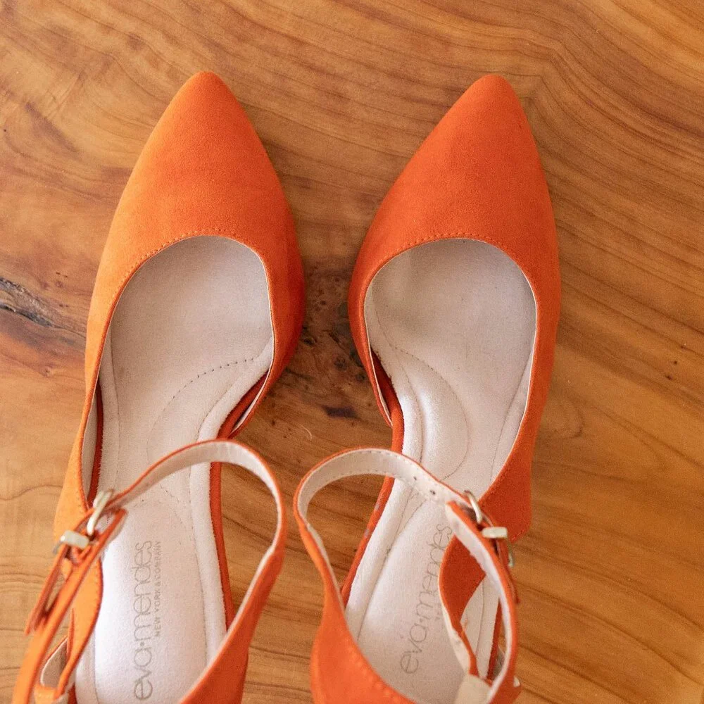 Eva Mendes Orange Suede Ankle Strap Heels | Size 9M Pointed Toe Stilettos - Picture 3 of 6